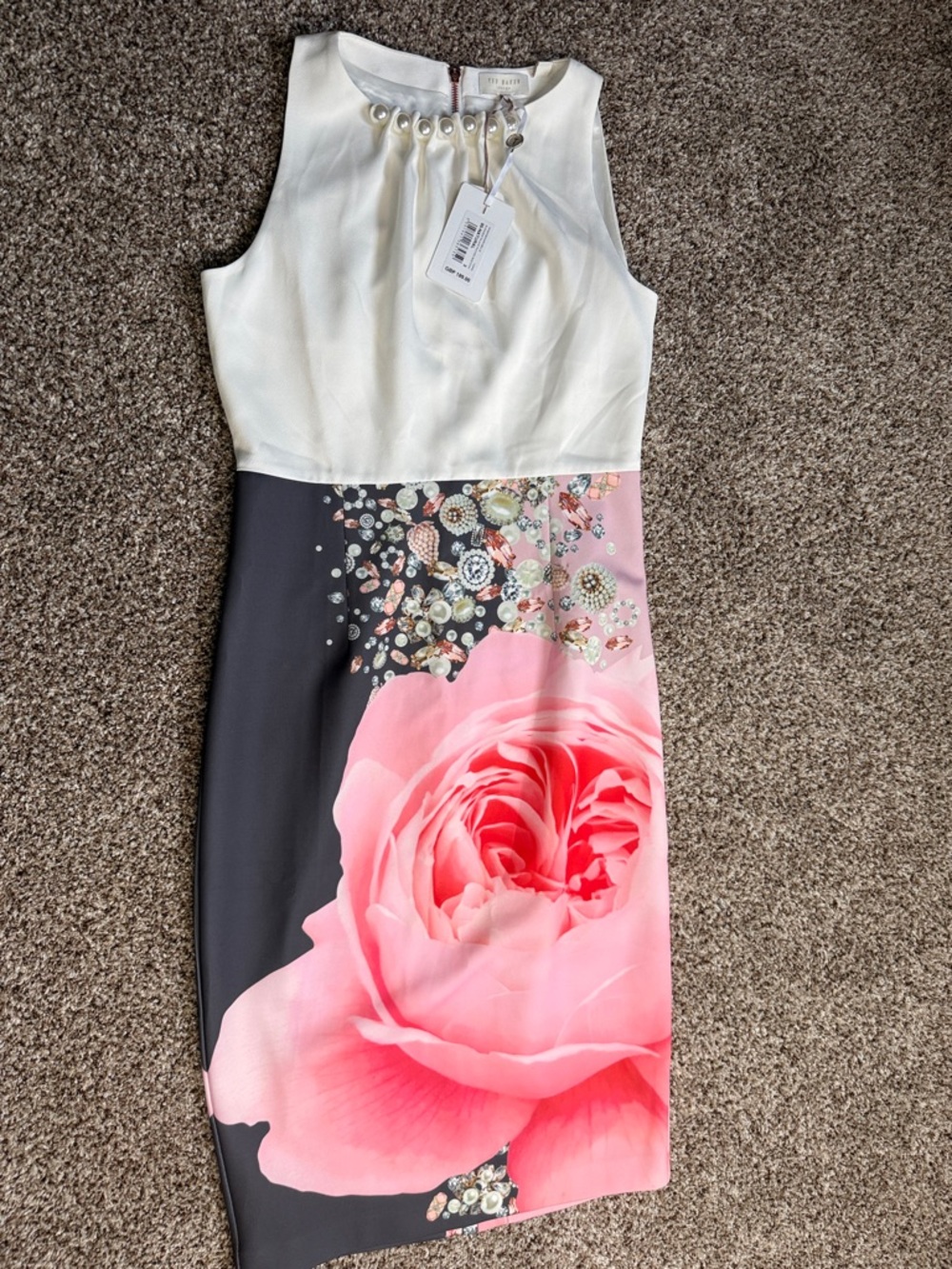 Ted Baker Cream, Black & Pink Floral Midi Sheath Dress